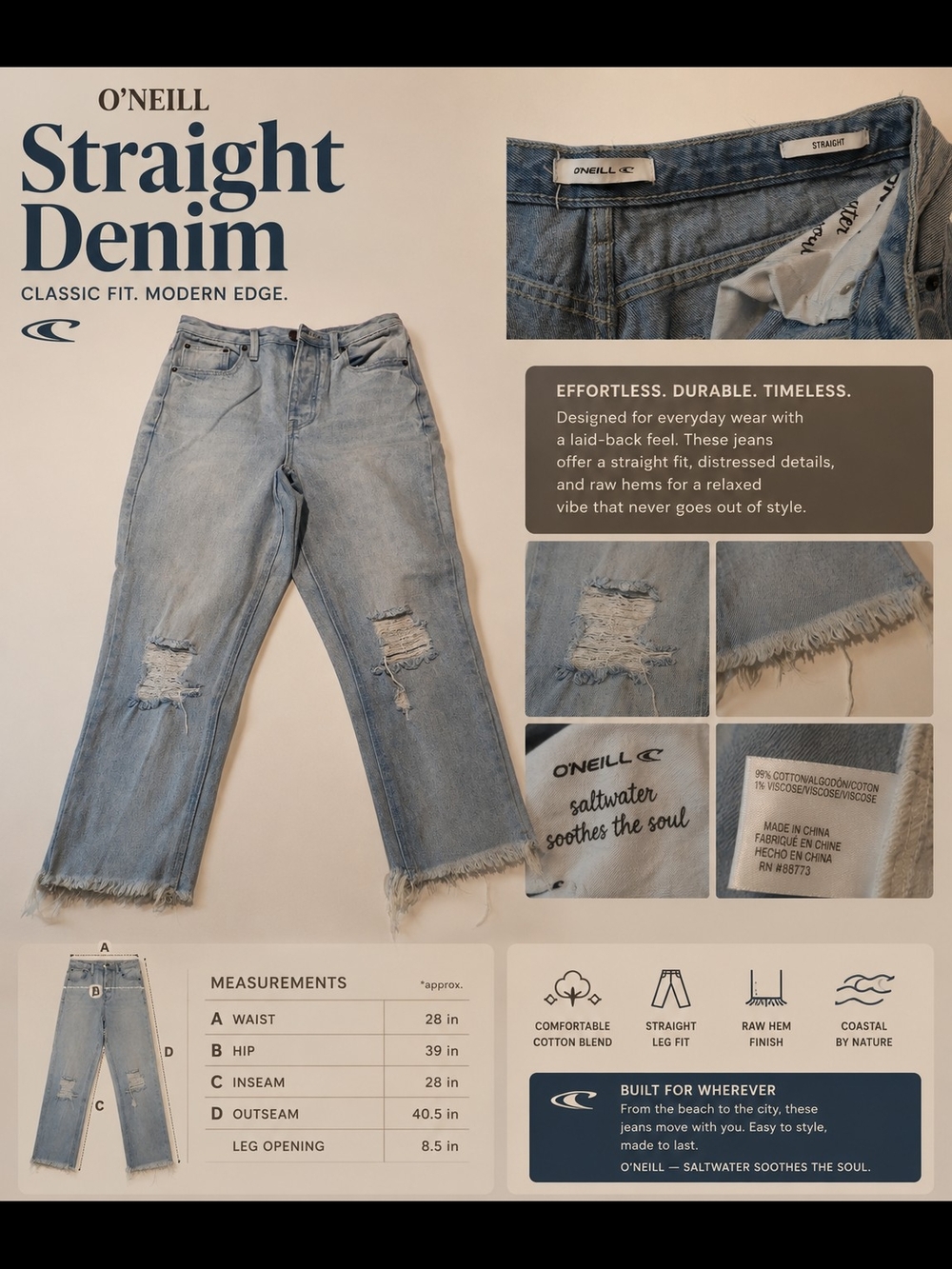 O'NEILL Women's Straight Denim Jeans in Light Blue